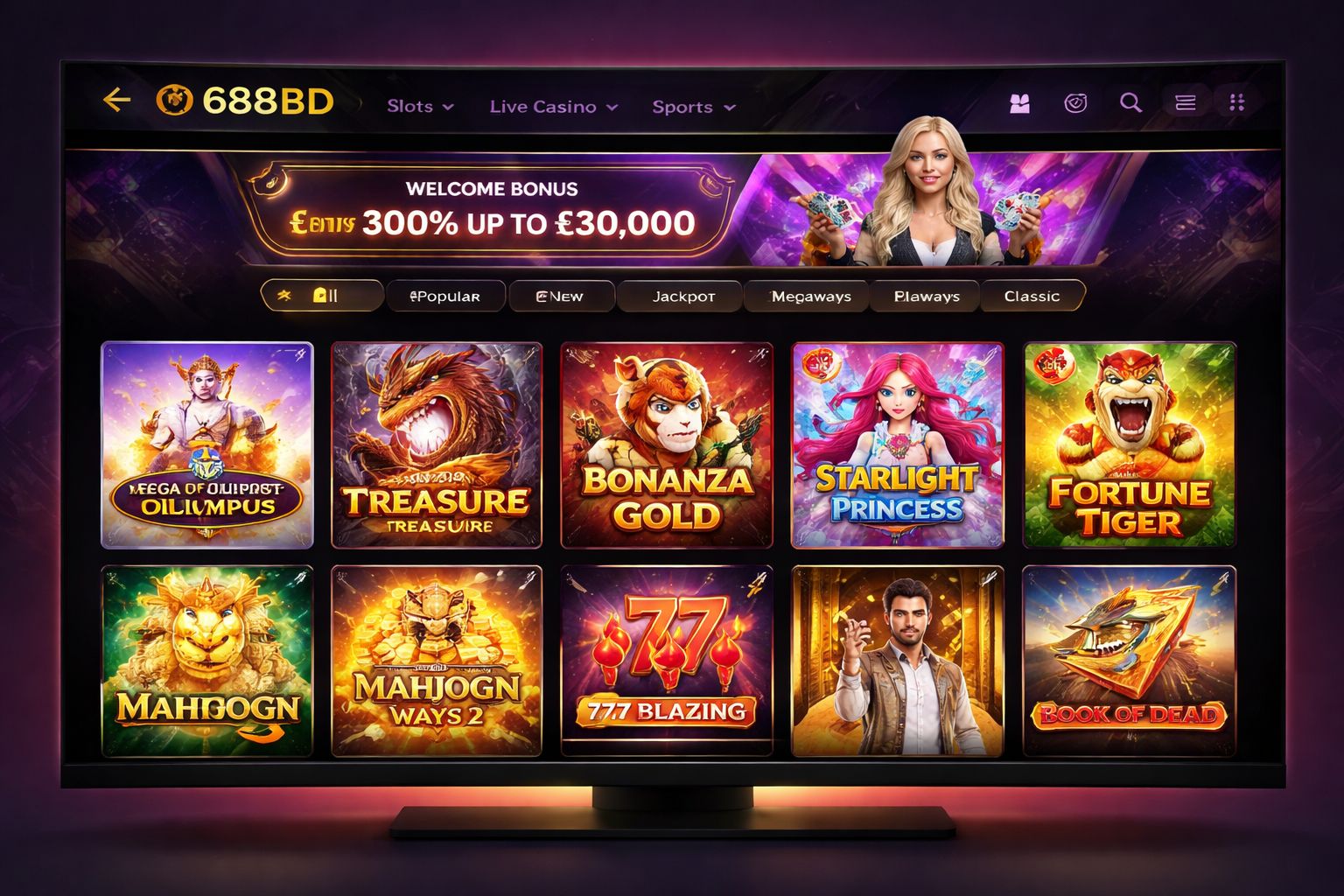 688BD slot lobby showing popular titles and jackpot counters